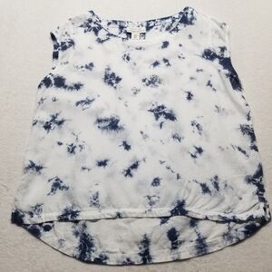 Rachel Zoe XL Linen Top Blue White Tie Dye Cap Sleeves Hi Low Beach Coastal